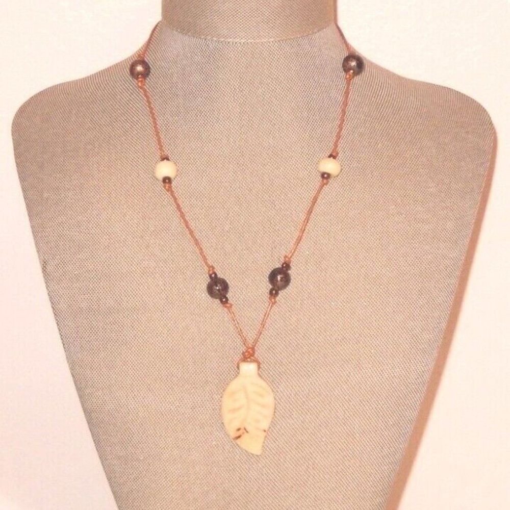 Chico's Necklace Carved Stone Leaf Pendant Beaded Tan Cord Unique